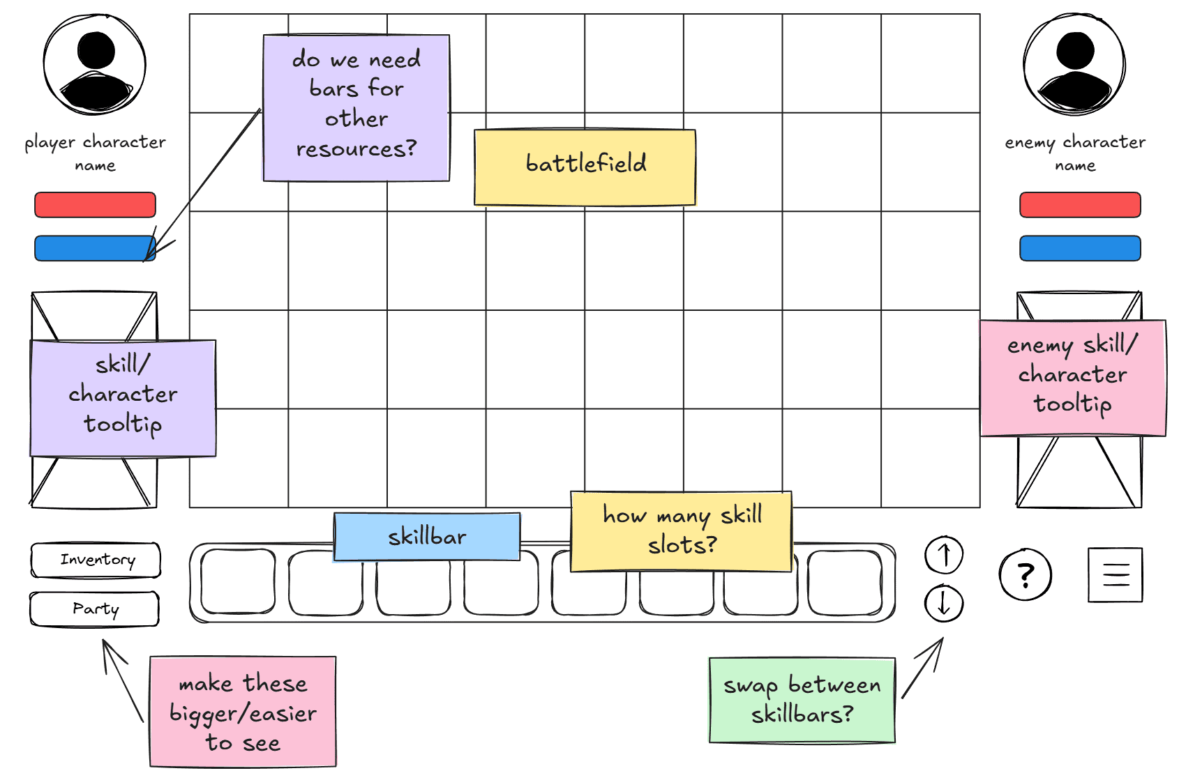 An example of a game ui wireframe in Excalidraw.